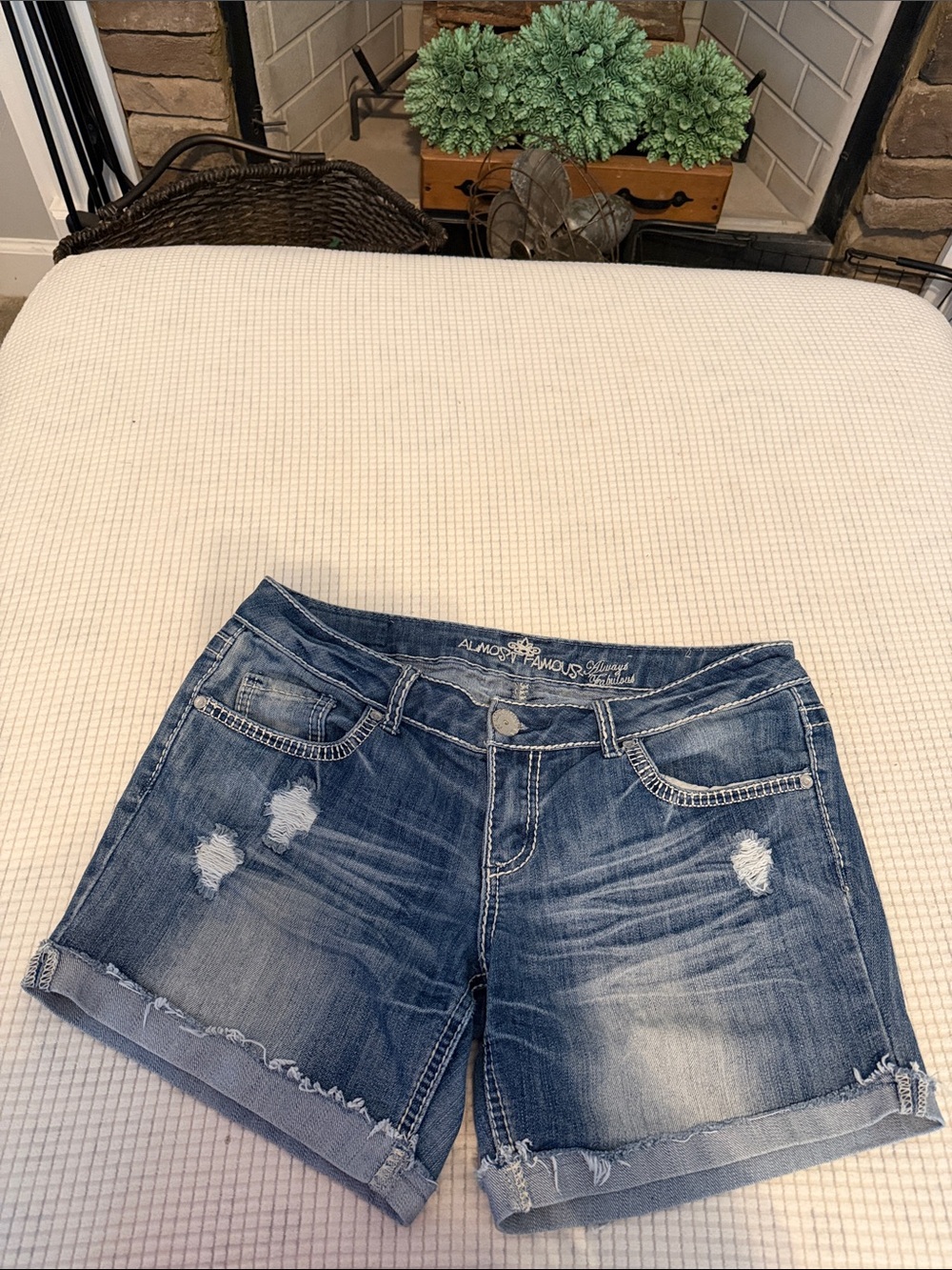 Almost Famous Distressed Blue Denim Jean Shorts with Rolled Hem